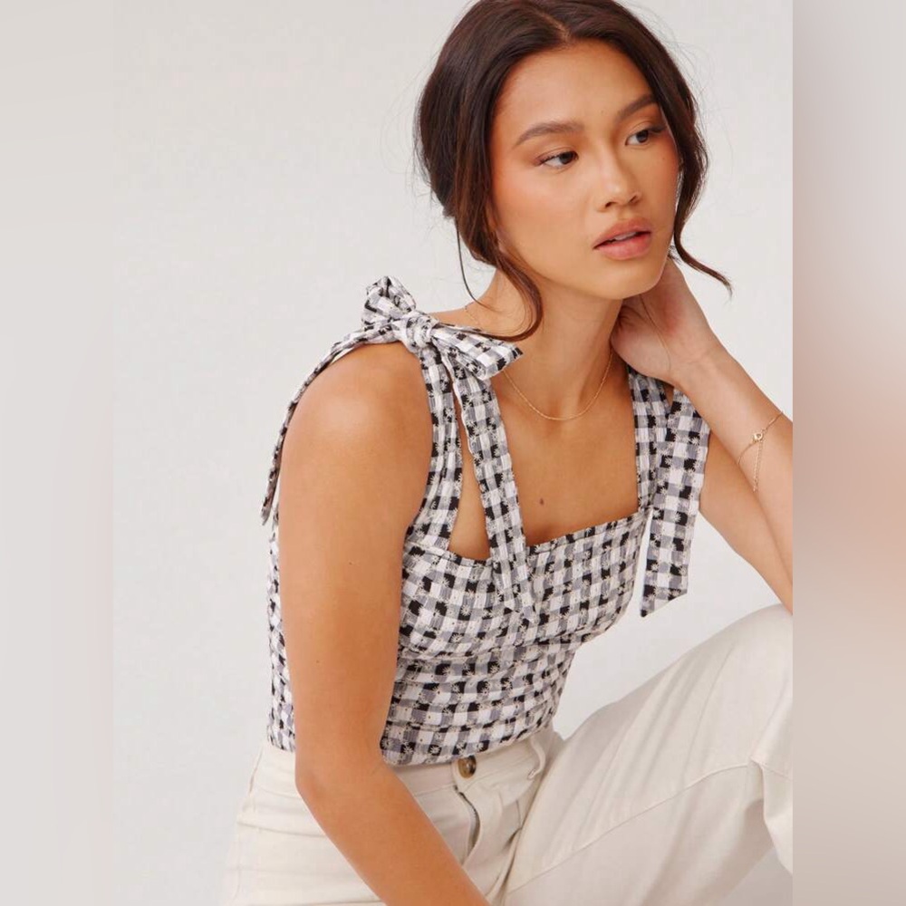 WESTFADE Floral Embroidered Gingham Square Neck Cute Bow Tie Strap Bodysuit